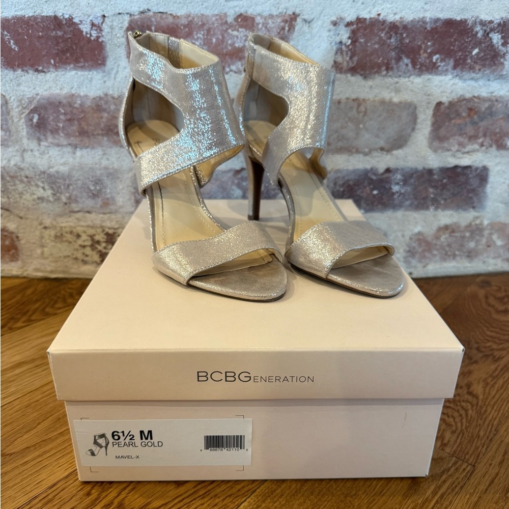 BCBGeneration Gold Strappy Heels for Special Occasions